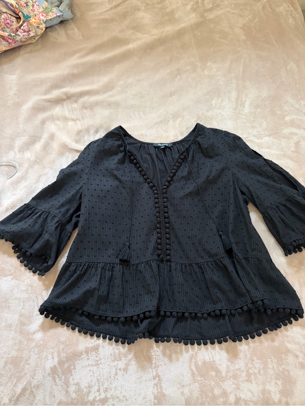 Madewell Black Pom-Trim Peasant Top